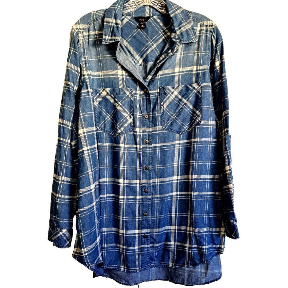 intro. Woman 1X Blue Plaid Button Tab Long Sleeve Button Up Shirt Pockets